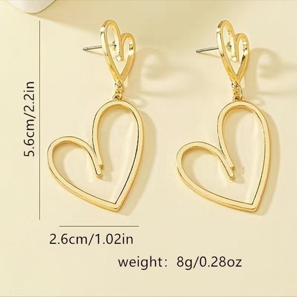 Gold Heart Double Love Earrings Dangle Drop Cutout Hearts Nwt - Picture 6 of 6